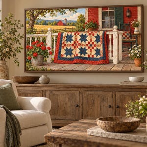 Puede incluir: Una impresi&oacute;n de arte mural rectangular que muestra una escena campestre con un granero rojo en un campo dorado, una barandilla de porche de madera blanca y una colcha con patr&oacute;n de estrellas en rojo, blanco y azul, en un marco de madera.