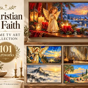 Puede incluir: Una colecci&oacute;n digital de 101 obras de arte con tem&aacute;tica cristiana y de fe para televisores Frame. La pantalla muestra una pintura de paisaje de un &aacute;ngel con velas y un pueblo invernal, junto a cuatro impresiones art&iacute;sticas religiosas peque&ntilde;as.