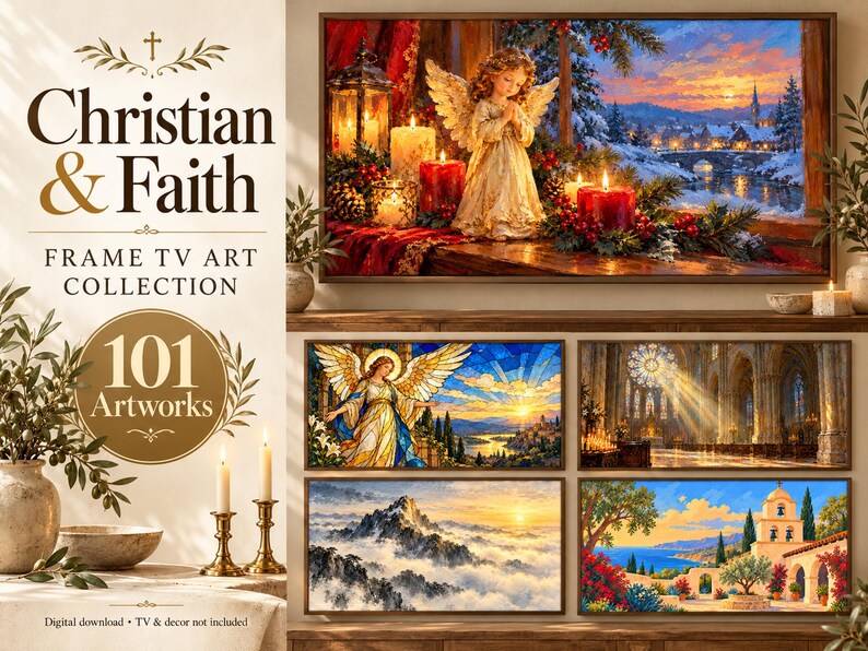 Puede incluir: Una colecci&oacute;n digital de 101 obras de arte con tem&aacute;tica cristiana y de fe para televisores Frame. La pantalla muestra una pintura de paisaje de un &aacute;ngel con velas y un pueblo invernal, junto a cuatro impresiones art&iacute;sticas religiosas peque&ntilde;as.