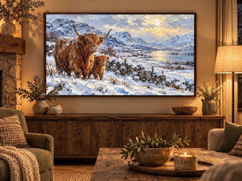 Puede incluir: Una impresi&oacute;n de arte mural rectangular que presenta una pintura al &oacute;leo de una gran vaca Highland marr&oacute;n y un ternero en un paisaje nevado con monta&ntilde;as, un lago y un cielo brillante, enmarcada con un borde fino de madera oscura.