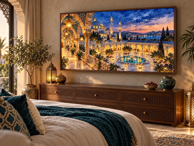 May include: A rectangular wall art print featuring a detailed architectural scene of a mosque with arched stone walkways, glowing lanterns, and a central fountain at sunset, displayed in a thin wooden frame above a dark wood media console.
