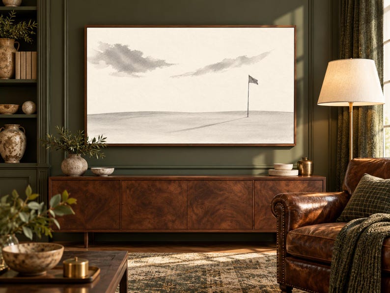 Puede incluir: Una gran pieza de arte mural rectangular que presenta una ilustraci&oacute;n de paisaje minimalista en tonos crema, beige y gris. La obra representa un campo plano y abierto bajo un cielo nublado con una bandera de golf en la distancia.