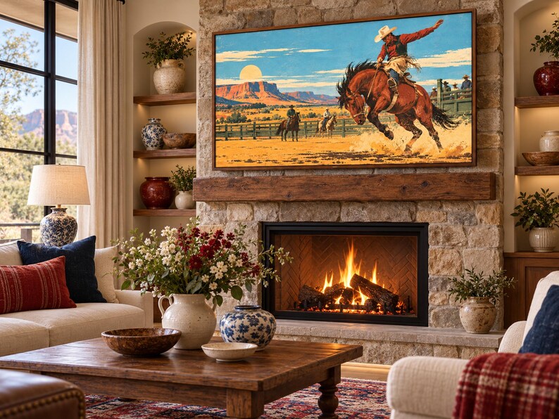 May include: A rectangular wall art print featuring a vibrant illustration of a cowboy riding a bucking brown horse in a desert landscape with mesas and a full moon, displayed in a dark wooden frame above a stone fireplace in a living room.