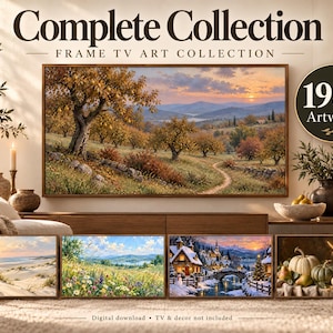 May include: A digital collection of 1962 artworks for a frame TV, featuring a large landscape display of an autumn orchard at sunset. Four smaller rectangular thumbnails show a beach, a wildflower meadow, a snowy village, and a harvest still life.