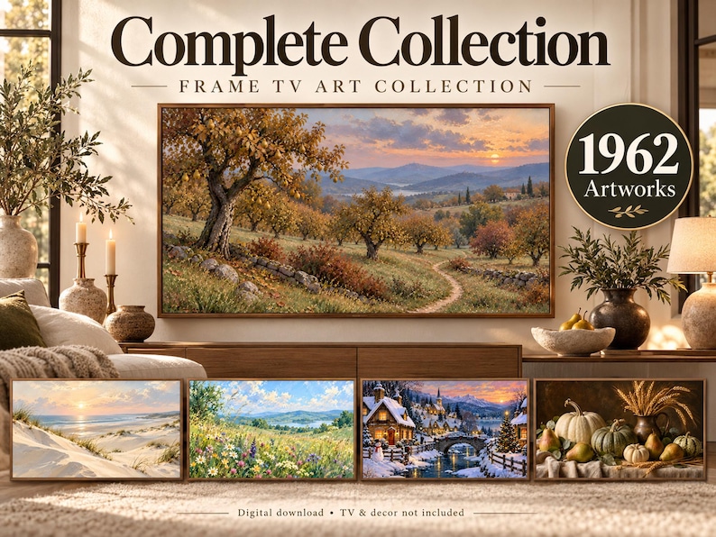 May include: A digital collection of 1962 artworks for a frame TV, featuring a large landscape display of an autumn orchard at sunset. Four smaller rectangular thumbnails show a beach, a wildflower meadow, a snowy village, and a harvest still life.