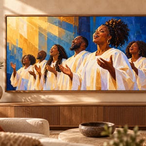 May include: A rectangular wall art print featuring a choir of five individuals wearing white robes with gold accents. They are singing with their hands raised against a vibrant background of abstract blue and yellow brushstrokes in a frame.