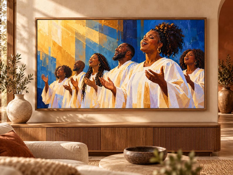 May include: A rectangular wall art print featuring a choir of five individuals wearing white robes with gold accents. They are singing with their hands raised against a vibrant background of abstract blue and yellow brushstrokes in a frame.
