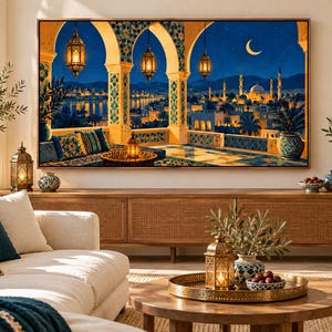 May include: A rectangular wall art print depicting a night scene from a balcony overlooking a city with a mosque, crescent moon, and glowing lanterns. The artwork features blue, gold, and yellow tones with intricate tile patterns on the arches.