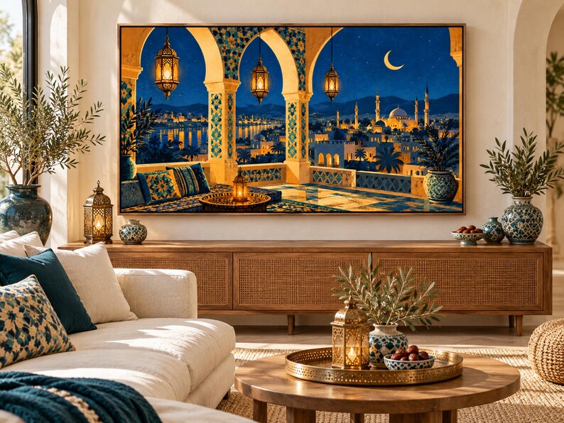 May include: A rectangular wall art print depicting a night scene from a balcony overlooking a city with a mosque, crescent moon, and glowing lanterns. The artwork features blue, gold, and yellow tones with intricate tile patterns on the arches.