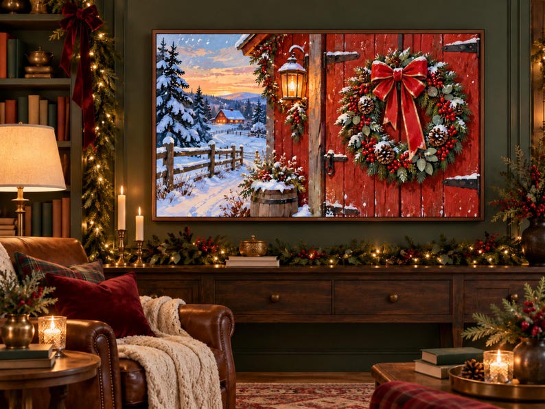 Pu&ograve; includere: Una stampa artistica da parete incorniciata che raffigura un paesaggio invernale innevato con una porta di fienile rossa, una grande ghirlanda sempreverde con un fiocco rosso, una lanterna accesa e una botte di legno tra pini innevati.