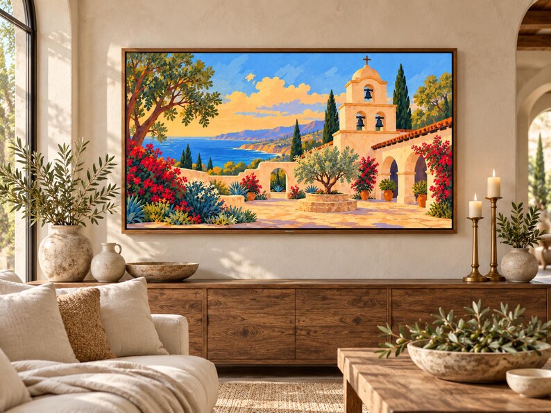 Puede incluir: Un cuadro de paisaje rectangular en marco de madera que representa una escena costera mediterr&aacute;nea con una misi&oacute;n de piedra, un campanario, buganvillas rojas, un olivo y un mar azul bajo un cielo brillante de tonos amarillos y naranjas.