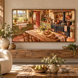 Puede incluir: Una impresi&oacute;n art&iacute;stica rectangular enmarcada que representa una cocina r&uacute;stica con una mesa de madera, utensilios de cobre y una estufa negra. La obra presenta tonos c&aacute;lidos, un fregadero de granja y una vista de un paisaje soleado.