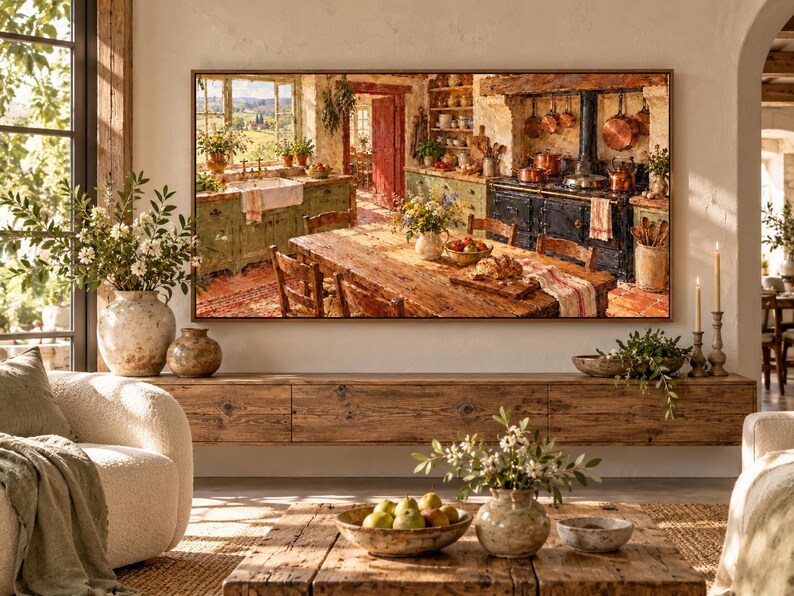Puede incluir: Una impresi&oacute;n art&iacute;stica rectangular enmarcada que representa una cocina r&uacute;stica con una mesa de madera, utensilios de cobre y una estufa negra. La obra presenta tonos c&aacute;lidos, un fregadero de granja y una vista de un paisaje soleado.
