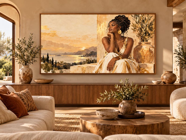 May include: A large rectangular wall art print featuring a split composition. The left side depicts a golden sunset over a coastal landscape with cypress trees. The right side shows a person with dark skin and braided hair wearing a gold dress.