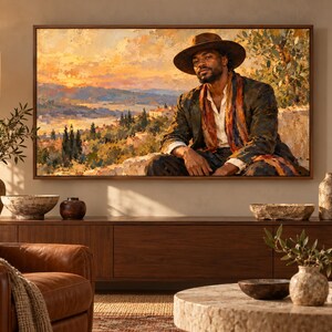 May include: A rectangular wall art print featuring an oil painting of a person wearing a wide-brimmed hat and a dark jacket, set against a vibrant landscape of rolling hills, olive trees, and a golden sunset sky with warm orange and yellow hues.