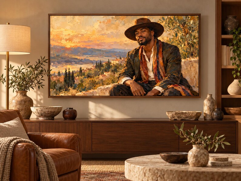 May include: A rectangular wall art print featuring an oil painting of a person wearing a wide-brimmed hat and a dark jacket, set against a vibrant landscape of rolling hills, olive trees, and a golden sunset sky with warm orange and yellow hues.