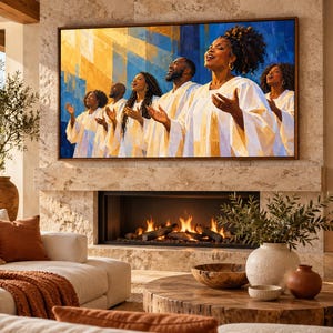 May include: A rectangular wall art print featuring a choir of six individuals wearing white robes with gold accents, singing with hands raised. The background is a vibrant abstract composition of blue and yellow geometric shapes and light rays.