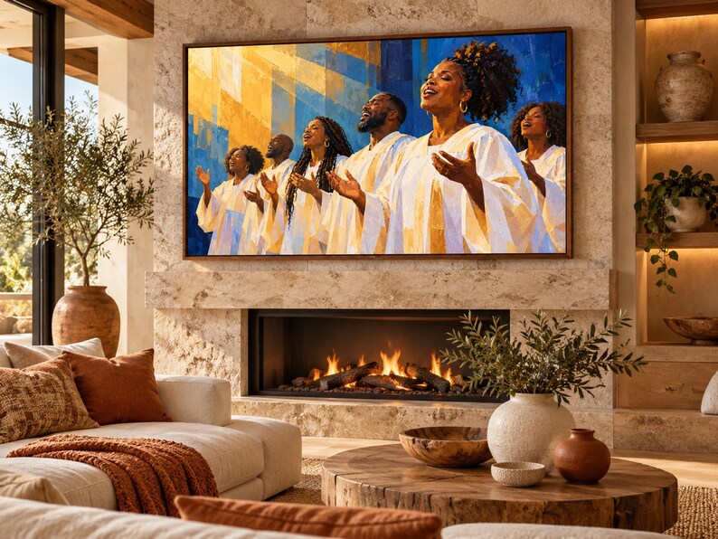 May include: A rectangular wall art print featuring a choir of six individuals wearing white robes with gold accents, singing with hands raised. The background is a vibrant abstract composition of blue and yellow geometric shapes and light rays.