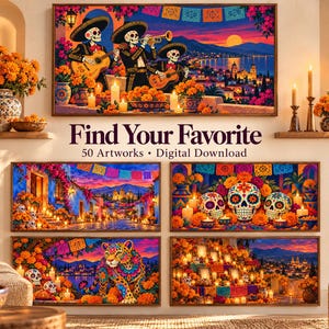 Dia de los Muertos フレーム TV アート バンドル、サムスン フレーム TV 用 50 日の死者のデザイン、カラベラ & マリーゴールド アート、オフレンダ装飾、4K 画像 4