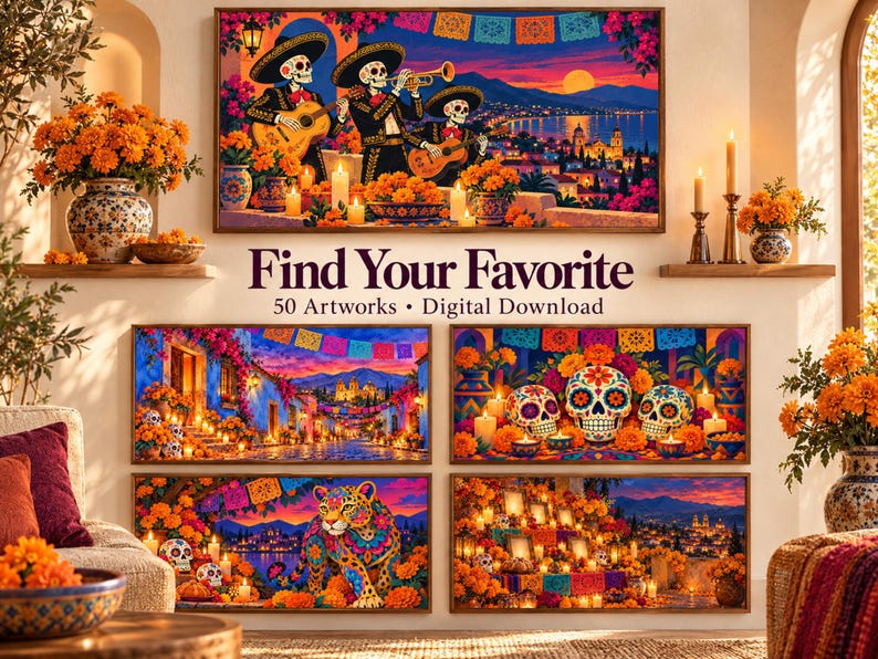 Dia de los Muertos フレーム TV アート バンドル、サムスン フレーム TV 用 50 日の死者のデザイン、カラベラ & マリーゴールド アート、オフレンダ装飾、4K 画像 4