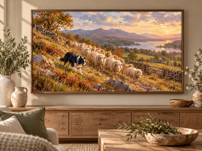 Puede incluir: Una impresi&oacute;n de arte mural rectangular enmarcada que representa un paisaje con un border collie blanco y negro pastoreando un reba&ntilde;o de ovejas por una ladera. El fondo muestra monta&ntilde;as, un lago y un cielo al atardecer con nubes.