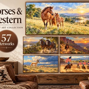 Puede incluir: Una colecci&oacute;n digital de 57 obras de arte paisaj&iacute;stico titulada Horses & Western Frame TV Art Collection, que presenta escenas de caballos, jinetes y vida silvestre en entornos del oeste, mostradas como una galer&iacute;a de cinco im&aacute;genes.