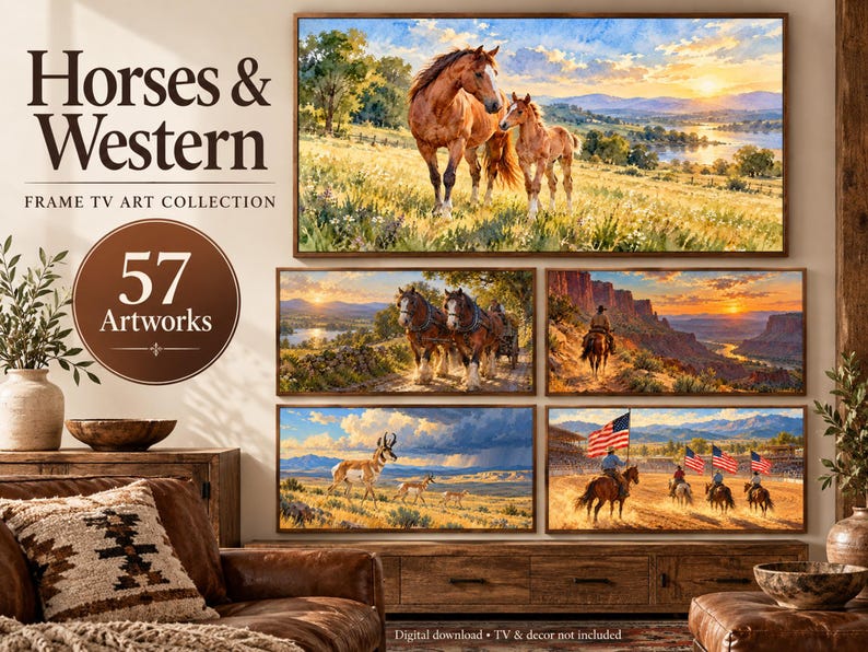 Puede incluir: Una colecci&oacute;n digital de 57 obras de arte paisaj&iacute;stico titulada Horses & Western Frame TV Art Collection, que presenta escenas de caballos, jinetes y vida silvestre en entornos del oeste, mostradas como una galer&iacute;a de cinco im&aacute;genes.