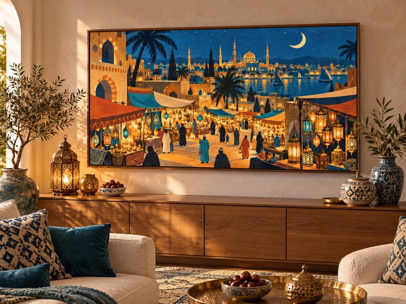 May include: A rectangular wall art print depicting a bustling night market scene with colourful stalls, hanging lanterns, and people in traditional clothing. In the background, a city skyline with domes and minarets sits under a crescent moon.