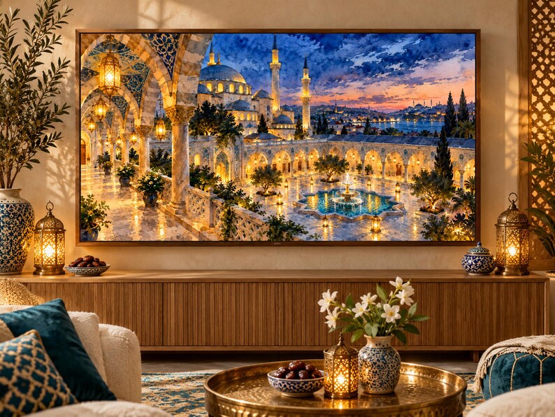 May include: A large rectangular television screen displays a vibrant painting of a mosque courtyard at sunset, featuring arched stone walkways, glowing lanterns, a central fountain, and tall minarets under a deep blue and orange sky.