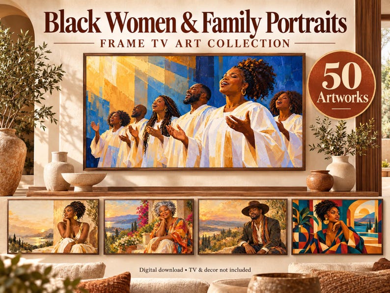 May include: A digital collection of 50 artworks titled Black Women & Family Portraits Frame TV Art Collection. The main image displays a choir in white robes, while four smaller panels show portraits of individuals in scenic outdoor settings.