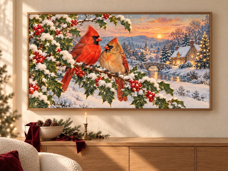 Pu&ograve; includere: Una stampa artistica rettangolare da parete raffigurante due cardinali appollaiati su un ramo di agrifoglio innevato con bacche rosse. Lo sfondo mostra un paesaggio invernale con un cottage in pietra, un ponte e un tramonto sulle colline.