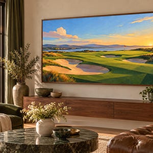 Puede incluir: Una gran pantalla de televisi&oacute;n rectangular montada en la pared muestra una vibrante pintura de paisaje de un campo de golf al atardecer, con calles verdes, trampas de arena, un cuerpo de agua y un sol naranja brillante.