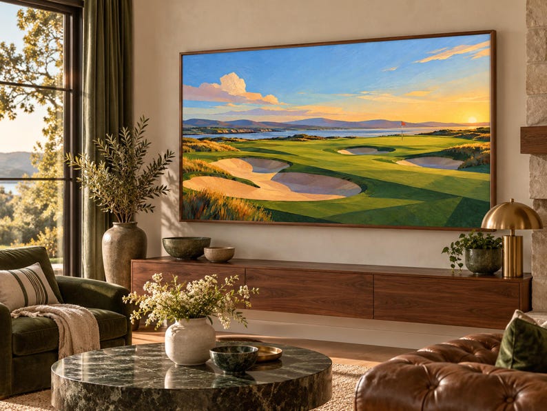 Puede incluir: Una gran pantalla de televisi&oacute;n rectangular montada en la pared muestra una vibrante pintura de paisaje de un campo de golf al atardecer, con calles verdes, trampas de arena, un cuerpo de agua y un sol naranja brillante.