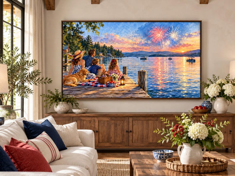May include: A large rectangular wall art print depicting a family sitting on a wooden dock by a lake at sunset, with a golden retriever, a picnic basket, and fireworks in the sky. The scene features vibrant orange, blue, and yellow colors.