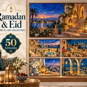 May include: A digital collection of 50 Ramadan and Eid themed artworks for a frame TV. The display features five landscape-oriented paintings depicting Middle Eastern cityscapes at night, illuminated by glowing lanterns, crescent moons, and architecture.