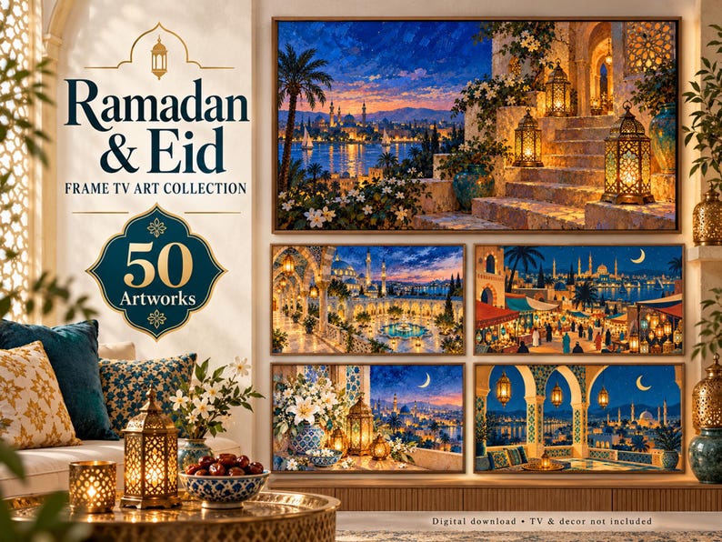 May include: A digital collection of 50 Ramadan and Eid themed artworks for a frame TV. The display features five landscape-oriented paintings depicting Middle Eastern cityscapes at night, illuminated by glowing lanterns, crescent moons, and architecture.
