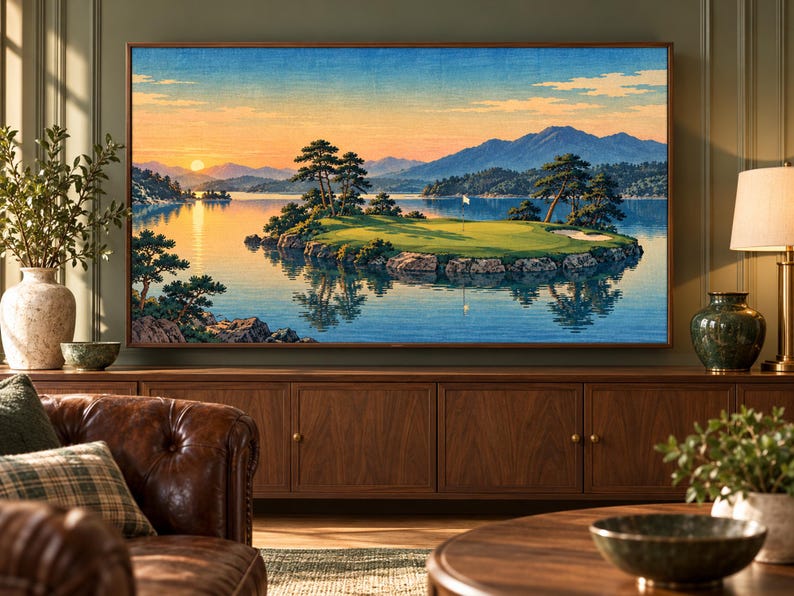 Puede incluir: Una impresi&oacute;n de paisaje enmarcada que representa un green de golf en una peque&ntilde;a isla rodeada de agua, con pinos, monta&ntilde;as lejanas y un cielo al atardecer en tonos naranja, amarillo y azul, exhibida en una pared sobre un mueble.