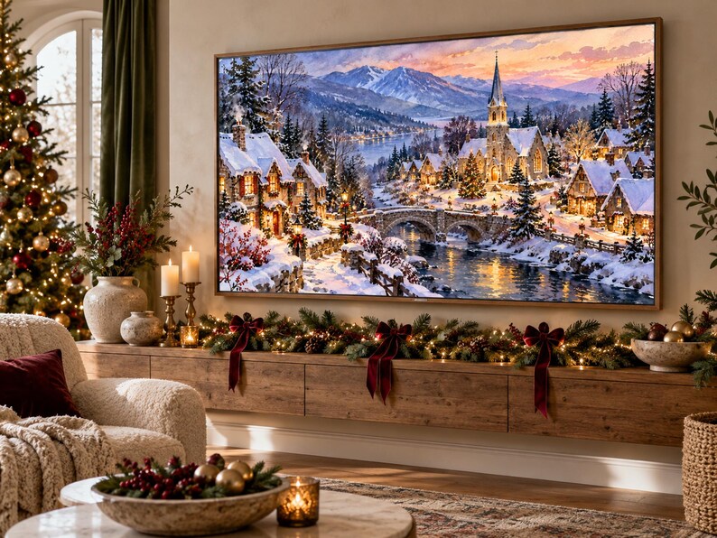 Pu&ograve; includere: Un grande schermo televisivo rettangolare mostra un vivace dipinto di paesaggio invernale con un villaggio innevato, un ponte in pietra su un fiume e il campanile di una chiesa contro un cielo al tramonto, montato su una parete.