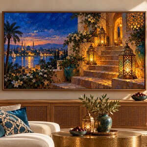 May include: A rectangular wall art print depicting a sunset over a city with a waterfront, featuring stone steps illuminated by glowing metal lanterns, surrounded by white flowers and blue vases, framed in a thin brown wooden border.