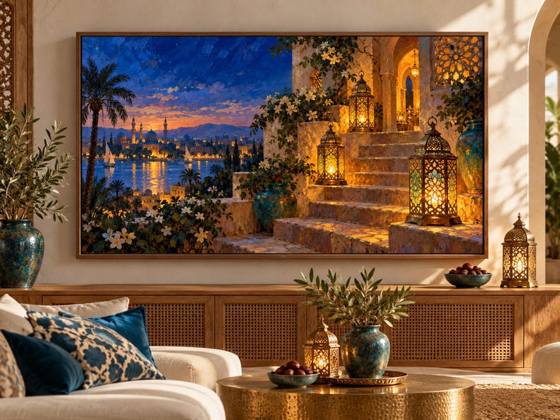 May include: A rectangular wall art print depicting a sunset over a city with a waterfront, featuring stone steps illuminated by glowing metal lanterns, surrounded by white flowers and blue vases, framed in a thin brown wooden border.