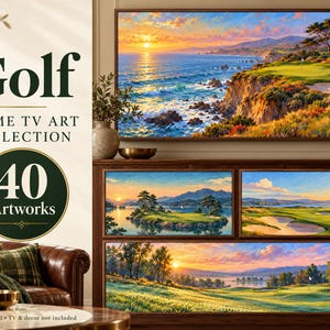 Puede incluir: Una colecci&oacute;n digital de 40 obras de arte sobre golf para televisores tipo marco, con pinturas de paisajes de campos de golf costeros e interiores al amanecer y al atardecer con paletas de colores naranja, amarillo, azul y verde.