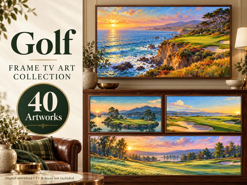 Puede incluir: Una colecci&oacute;n digital de 40 obras de arte sobre golf para televisores tipo marco, con pinturas de paisajes de campos de golf costeros e interiores al amanecer y al atardecer con paletas de colores naranja, amarillo, azul y verde.