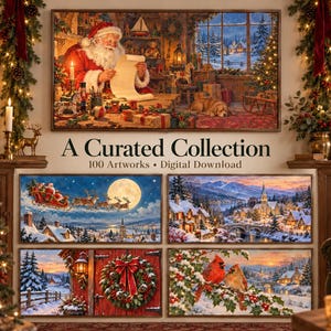 Pu&ograve; includere: Una collezione digitale di 100 opere d'arte natalizie che raffigurano Babbo Natale che legge una lista, una slitta che vola davanti alla luna piena, un villaggio innevato, una porta rossa con una ghirlanda e due cardinali su un ramo.