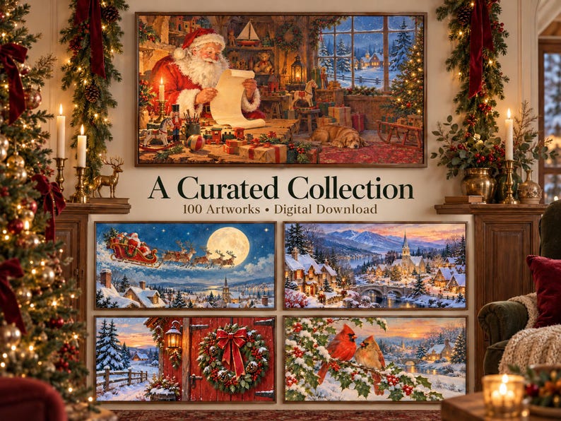 Pu&ograve; includere: Una collezione digitale di 100 opere d'arte natalizie che raffigurano Babbo Natale che legge una lista, una slitta che vola davanti alla luna piena, un villaggio innevato, una porta rossa con una ghirlanda e due cardinali su un ramo.