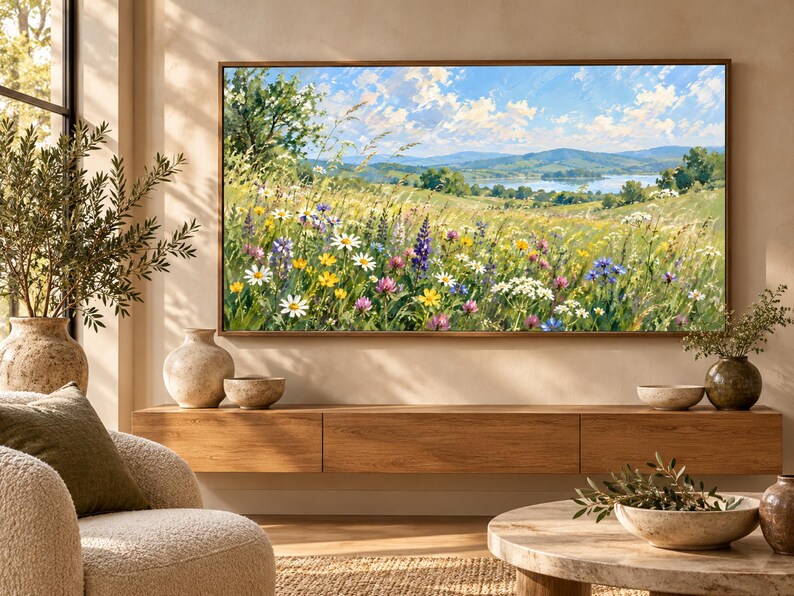 May include: A rectangular landscape painting featuring a vibrant meadow filled with white, yellow, purple, and blue wildflowers under a bright blue sky with fluffy white clouds, displayed in a thin brown frame on a light-colored wall.
