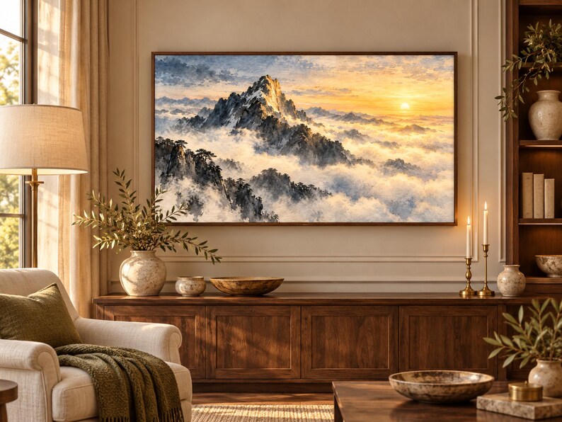 Puede incluir: Un cuadro rectangular de pared que muestra un paisaje de una cumbre nevada sobre una densa capa de nubes al amanecer. La escena incluye formaciones rocosas oscuras y escarpadas y pinos, con un sol dorado brillando en el cielo.