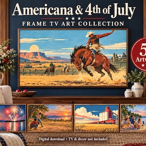 May include: A digital download collection of 51 Americana and 4th of July themed artworks for a Frame TV. The main display shows a cowboy riding a bucking horse in a desert landscape, with four smaller landscape images below featuring fireworks, baseball, a train, and a lakeside picnic.