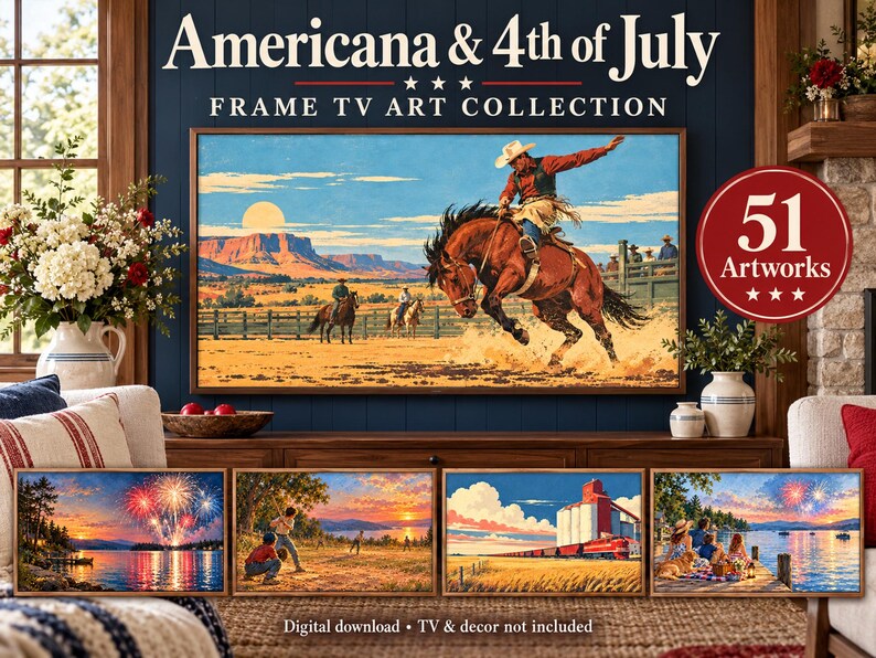 May include: A digital download collection of 51 Americana and 4th of July themed artworks for a Frame TV. The main display shows a cowboy riding a bucking horse in a desert landscape, with four smaller landscape images below featuring fireworks, baseball, a train, and a lakeside picnic.