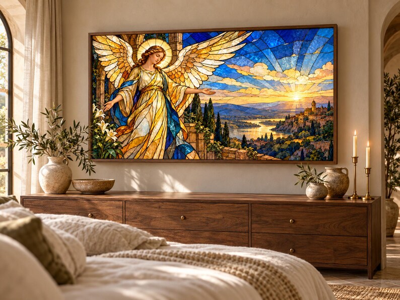 Puede incluir: Una pieza de arte mural rectangular que presenta una ilustraci&oacute;n estilo vidriera de un &aacute;ngel con grandes alas doradas y una t&uacute;nica fluida. La escena muestra un amanecer sobre un paisaje costero con un pueblo, colinas y un r&iacute;o de fondo.