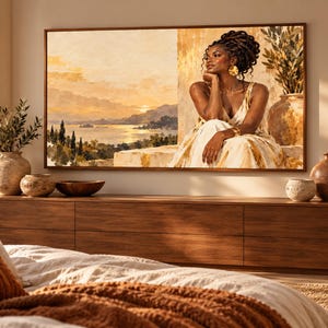 May include: A rectangular wall art print featuring a portrait of a person with dark skin and braided hair, wearing a light-colored dress, positioned against a scenic coastal landscape with a sunset, hills, and water in warm golden and brown tones.
